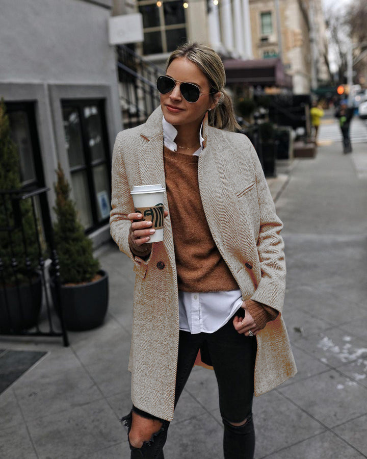 Long Women's Coat with Buttons – Structure Coat with Notch Collar