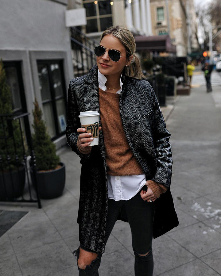 Long Women's Coat with Buttons – Structure Coat with Notch Collar