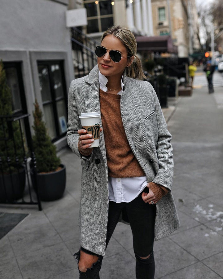 Long Women's Coat with Buttons – Structure Coat with Notch Collar